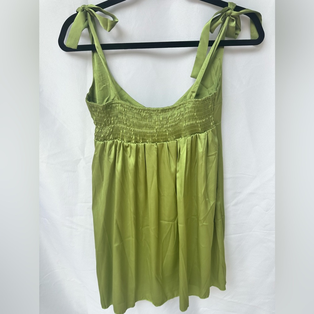 Olive Silk Mini Dress with Adjustable Tie Straps Size: S - Picture 4 of 4